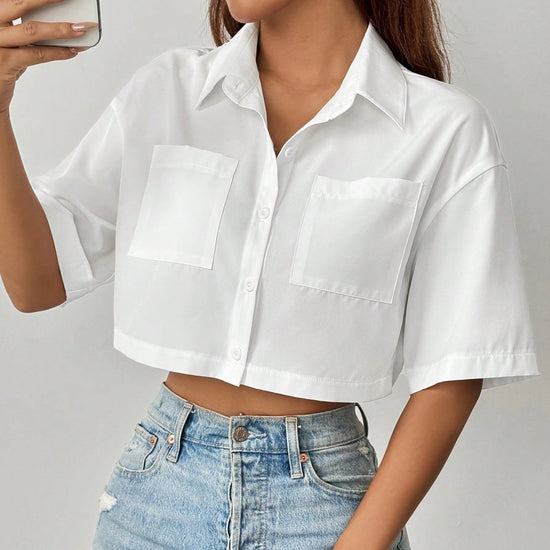 Shoulder Pocket Patched Crop Shirt Short Sleeve Tops
